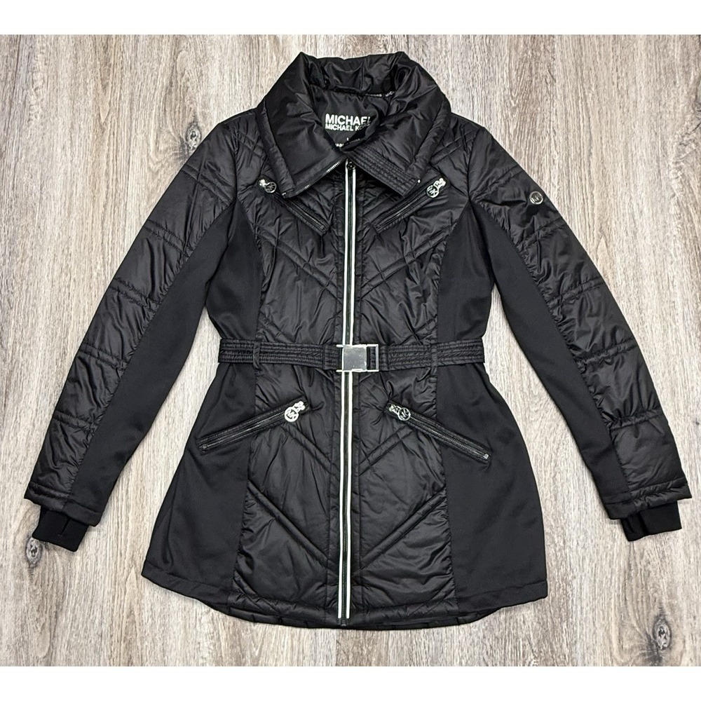 Michael Kors Puffer Coat Womens L Black Mixed Media Chevron Quilted Funnel Neck